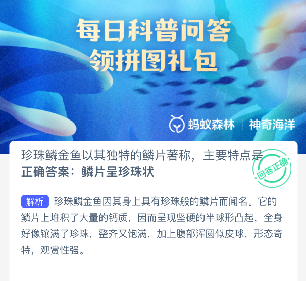 神奇海洋答案：珍珠鱗金魚的珍珠鱗片-景澄手游網