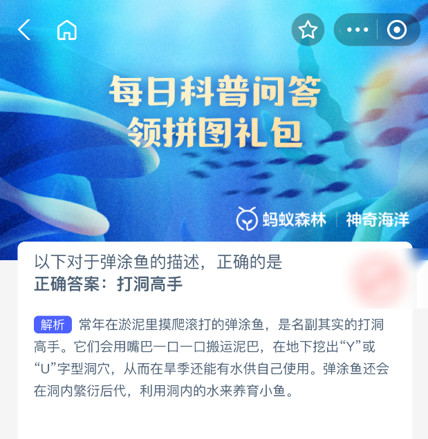 神奇海洋今日答案：彈涂魚竟是【打洞高手】-景澄手游網