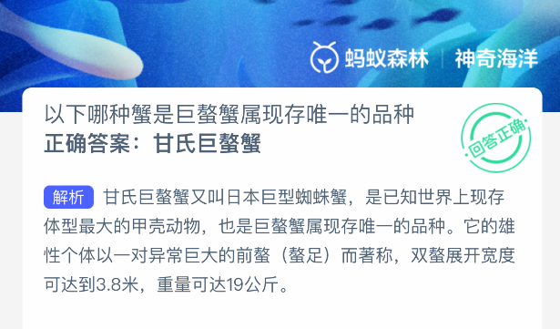 哪種蟹是巨螯蟹屬唯一品種?螞蟻森林2.19答案