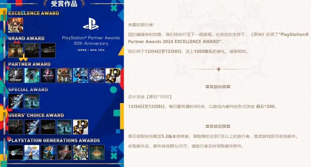 原神獲索尼大獎,12月可領2600原石獎勵