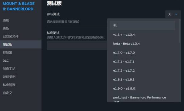 Steam測試版設置界面：選擇無版本