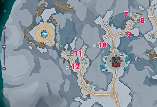 荒漠區(qū)域?qū)毾浞植?></p>
<ul>
<li>環(huán)境特征：干旱炎熱，地勢崎嶇</li>
<li>重點區(qū)域：
<ul>
<li>左側(cè)副本區(qū)：集中分布Boss與高難度副本</li>
<li>史萊克學(xué)院左側(cè)：3個副本→6個寶箱</li>
</ul>
</li>
</ul>
<h2>韓雷雪嶺與分岔路口</h2>
<p><img decoding=