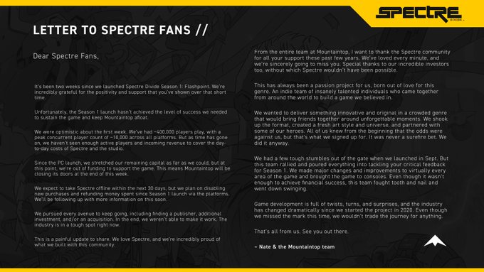 《Spectre Divided》將下線?開發(fā)商宣布關門